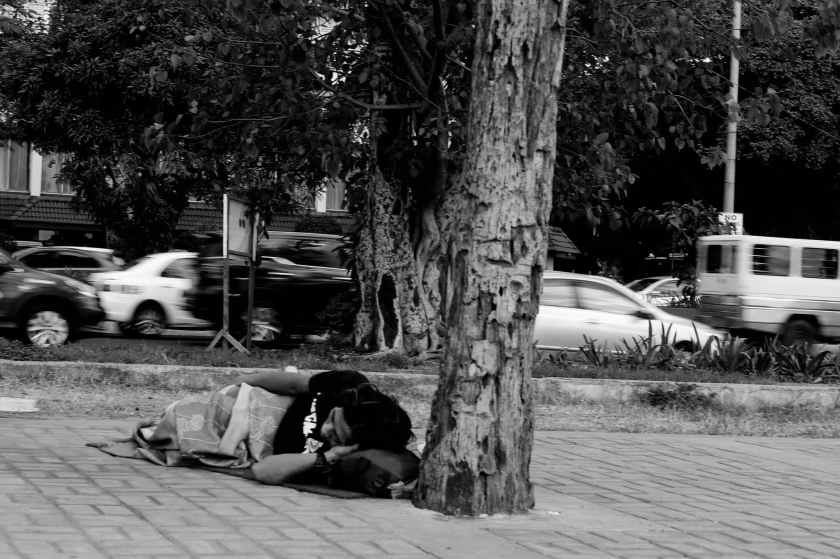 grayscale photo of man lying beside tree